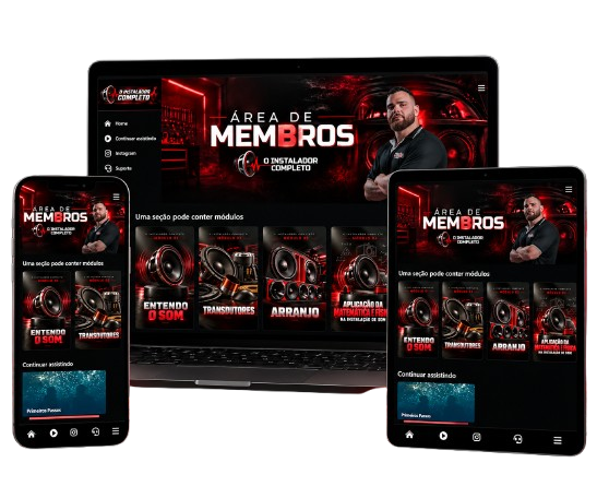 Apresentação da área de membros de O Instalador Completo em computador, tablet e celular